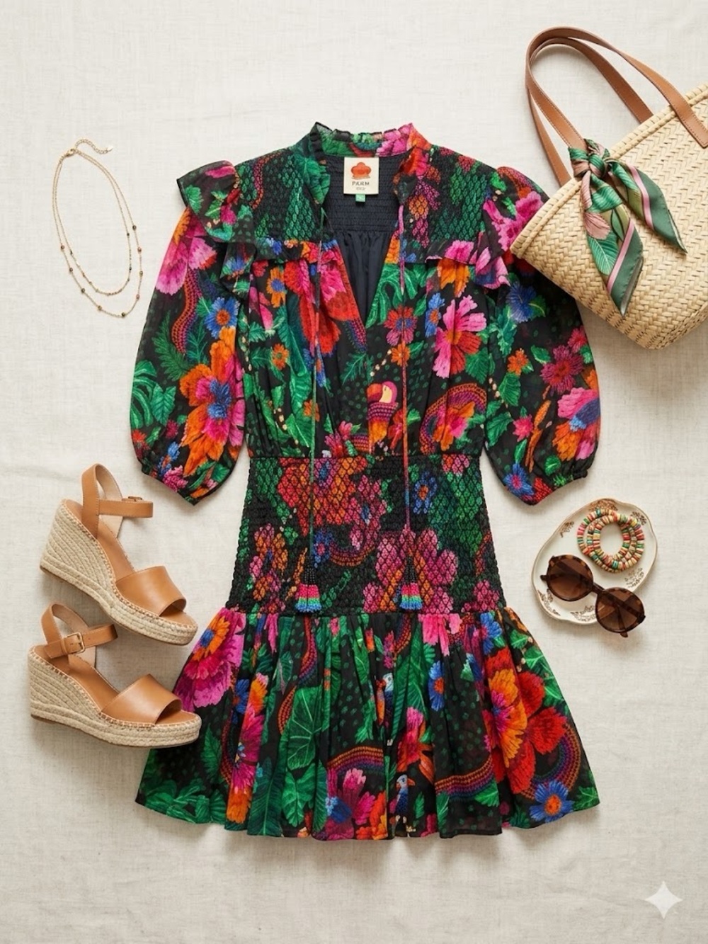 FARM Rio Black Mini Dress with Vibrant Floral Print